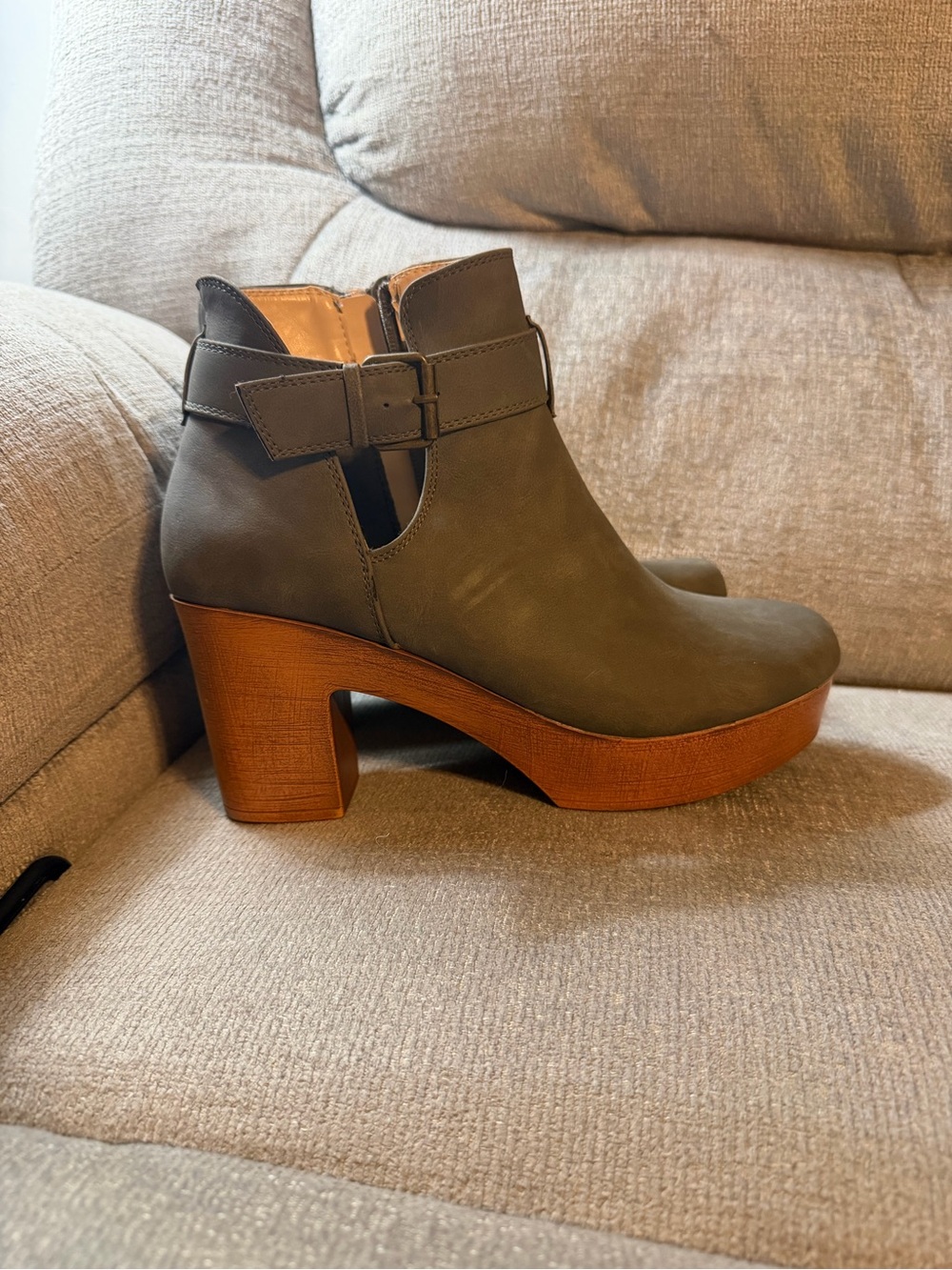Born Olive Green Platform Ankle Boot with Wood-Tone Heel